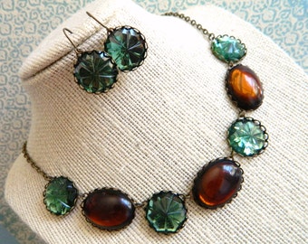 Cinnamon and Sage Necklace Set, Amber Topaz  Green, Vintage Necklace, Bohemian, Rustic, Glam, Green & Brown, Vintage Jewelry, Vintage Jewels