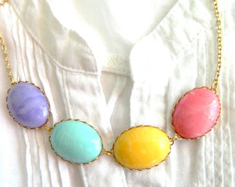 Pastel Necklace, Statement Necklace, Retro Necklace, Purple Aqua, Yellow, Pink, Retro Jewelry, Vintage Jewelry, Shabby Chic, Spring Necklace