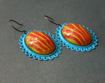 Summer Earrings, Retro Earrings, Orange, Yellow, Blue, Vintage Earrings, Statement Earrings, Stripe Earrings, Carnival Earrings, State Fair