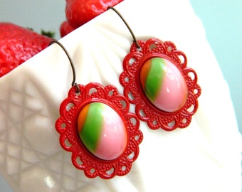 Red Pink & Green Earrings, Retro Earrings, Red Earrings, Candy Earrings, Pink, Green, Vintage Earrings, Retro Jewelry, Shabby Chic Earrings