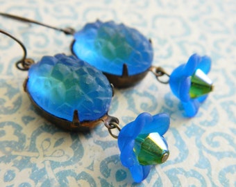 Blue Earrings, Retro Earrings, Blue Green Flowers, Vintage Floral Earrings, Retro Jewelry, Vintage Jewelry, Bohemian Earrings, Blue Lagoon
