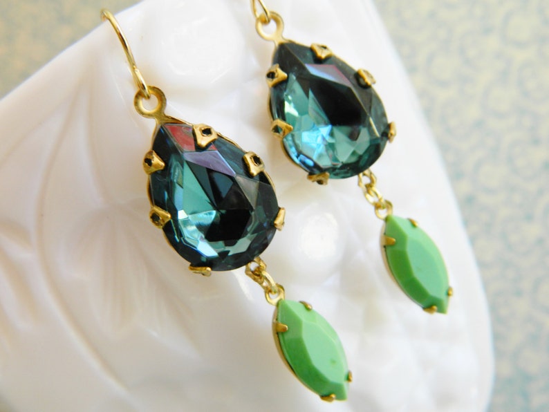 Blue Rhinestone Earrings Blue Green Earrings Vintage Jewel Bridesmaid Earrings Art Deco Earrings Shabby Chic Jewelry Jadeite Green