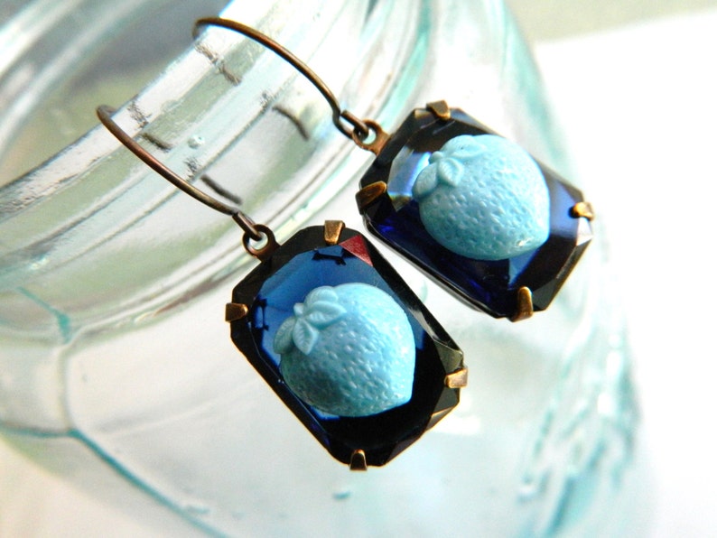 Blue Earrings, Strawberry Earrings, Vintage Blue, Retro Earrings,Aqua Blue, Shabby Chic Jewelry, Retro Jewelry, Vintage Jewelry image 1