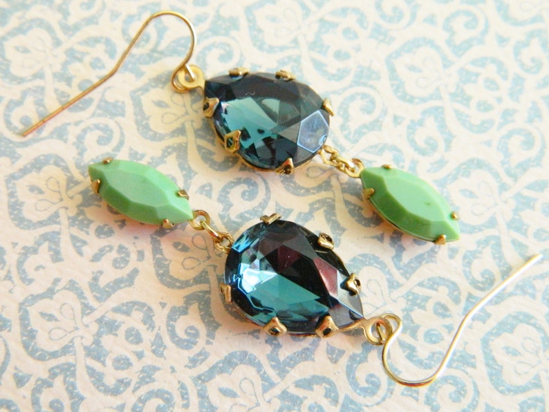 Blue Rhinestone Earrings Blue Green Earrings Vintage Jewel Bridesmaid Earrings Art Deco Earrings Shabby Chic Jewelry Jadeite Green