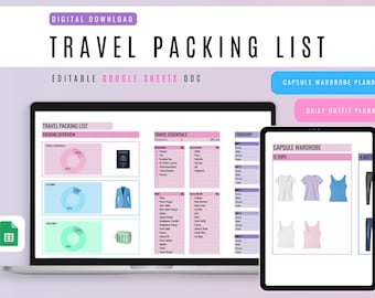 Pastel Travel Packing List Template: Google Sheets, Capsule Wardrobe Planner (Digital Download)