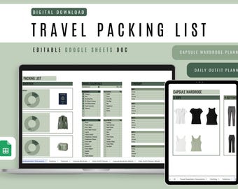Sage Travel Packing List Template: Google Sheets, Capsule Wardrobe Planner (Digital Download)