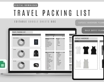 Grey Travel Packing List Template: Google Sheets, Capsule Wardrobe Planner (Digital Download)