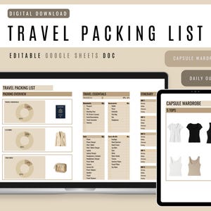 May include: A digital download travel packing list displayed on a laptop and tablet. The laptop screen shows a packing overview, travel essentials, and itinerary. The tablet displays a capsule wardrobe planner. Text includes "Travel Packing List" and "Editable Google Sheets Doc."