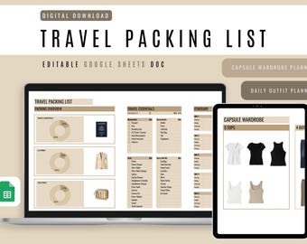Beige Travel Packing List Template: Google Sheets, Capsule Wardrobe Planner (Digital Download)