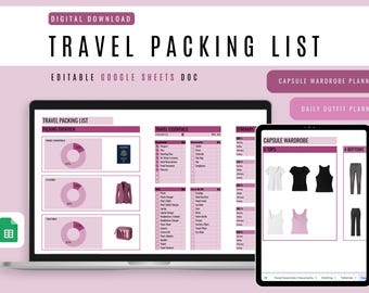 Rose Travel Packing List Template: Google Sheets, Capsule Wardrobe Planner (Digital Download)