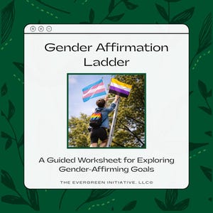 Peut inclure: Un document de travail numérique intitulé « Échelle d'affirmation de genre » avec une personne sur une échelle tenant des drapeaux transgenres et non binaires. Le texte se lit « Un document de travail guidé pour explorer les objectifs d'affirmation de genre ».