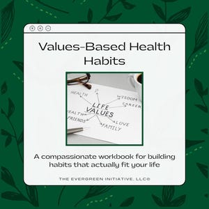 May include: A digital workbook titled "Values-Based Health Habits" with a diagram illustrating life values such as health, family, and career. The text reads, "A compassionate workbook for building habits that actually fit your life."