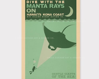 Gentle Giants, Kona Manta Rays - 12x18 Hawaii Travel Print