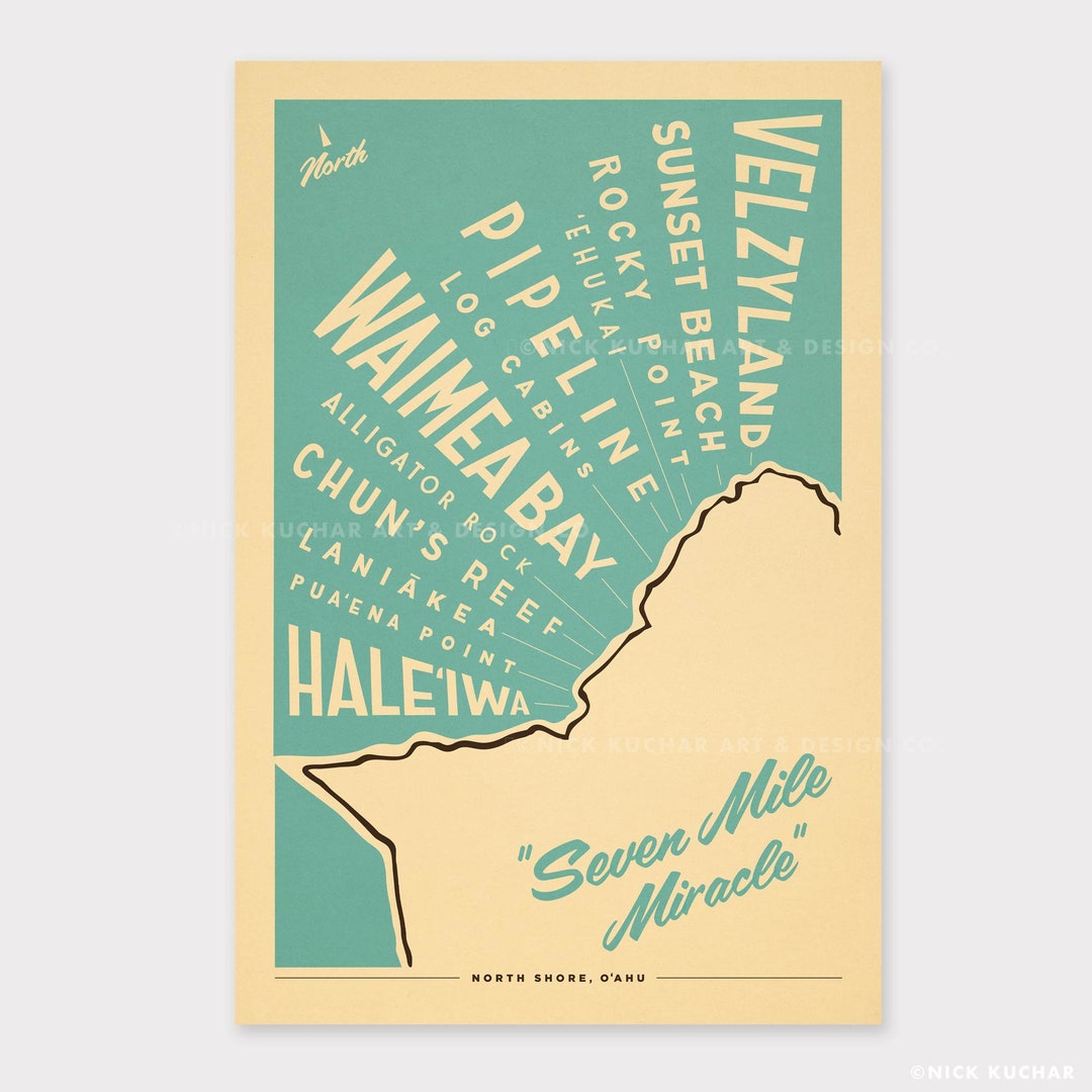 North Shore Oahu Surf Map - 12x18 Retro Hawaii Travel Print - Etsy