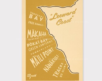 May include: A vintage-style map of the west shore of Oahu, Hawaii, with the text "Leeward Coast" in a yellow and brown color scheme. The map highlights various locations along the coast, including Makaha, Pokai Bay, Green Lanterns, Tumblerland, Maili Point, Nanakuli, and Tracks.