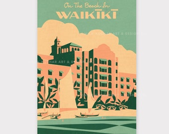 On The Beach In Waikiki - 12x18 Hawaii Travel Print