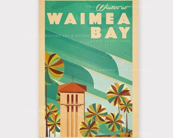 May include: A retro-style travel poster with a teal, green, and yellow color scheme. The poster features the text "Winter at Waimea Bay, North Shore, Oahu" and an illustration of a church with palm trees in the background.