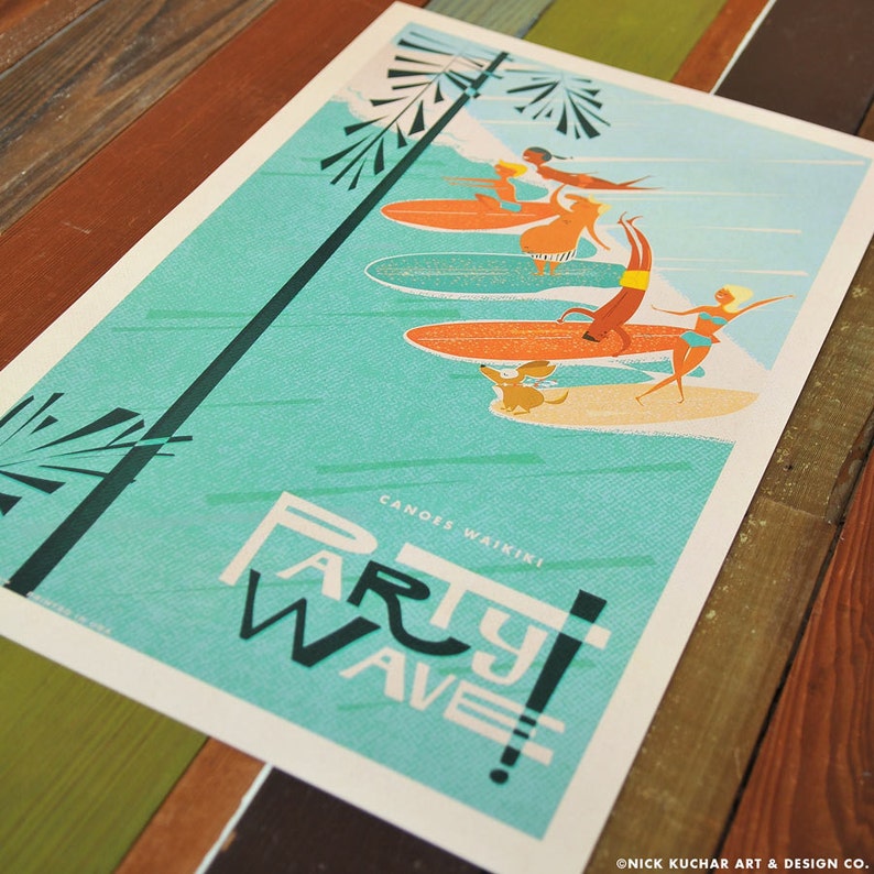 Canoes Waikiki Party Wave 12 x 18 Retro Hawaii Travel Print Etsy