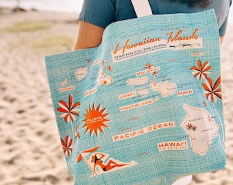 Canvas Tote, Hawaiian Lei Strand and Palaka Design, Puakenikeni, Local Hawaii Flower, Floral, Carryall, Grocery, Everyday Bag