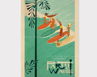 Canoës Waikiki Party Wave - 12x18 Hawaii Travel Print