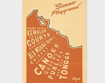 May include: A vintage-style poster with an orange outline of the island of Oahu, Hawaii. The poster features the text "Summer Playground" and lists various popular spots on the South Shore, including "Kewalos Concessions", "Courts", "Ala Moana Bowls", "Kaiser's", "Canoes", "Queen's", "Publics", "Old Man's", and "Tonggs".