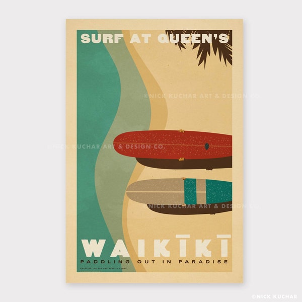 Waikiki - Surf at Queen's - 12x18 Hawaii Travel Print