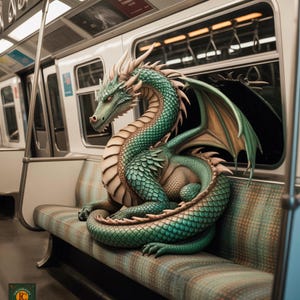 May include: A detailed sculpture of a green and tan dragon sits on a subway seat. The dragon has large wings and is curled up, with its head facing the viewer. The subway car has white walls and windows. Text on the image reads "next stop: the lair district."