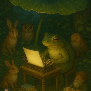May include: An illustration shows a green frog using a typewriter under a large leaf, surrounded by rabbits, owls, and a gnome. The text "beta readers" is at the bottom. The scene is set in a green forest. The style is reminiscent of a children's book.