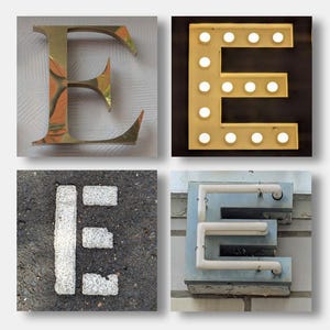 Könnte beinhalten: Vier Bilder des Buchstabens "E" in verschiedenen Stilen. Oben links: ein metallischer goldener Buchstabe. Oben rechts: ein Leuchtbuchstabe mit Lichtern. Unten links: ein weiß bemalter Buchstabe auf Asphalt. Unten rechts: ein Neonbuchstabe.