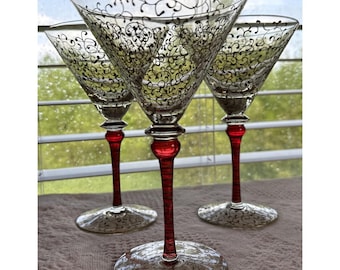 Rioja Pier 1 Imports Ruby Red Gold Scroll Crystal Martini Glasses Set of 3 VTG