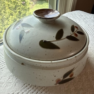 May include: A round, off-white ceramic casserole dish with a matching lid. The surface features a speckled texture and is decorated with hand-painted green leaves and small orange berries. A brown, circular knob sits atop the center of the lid.