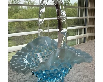 Fenton Blue Opalescent Hobnail Small Basket Ruffled Glass with Handle Vintage