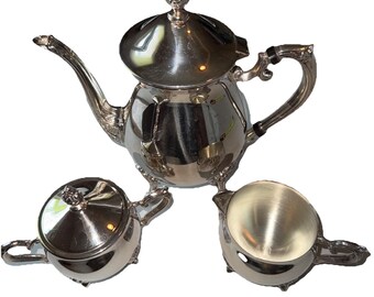 Vintage Leonard Silverplate Tea Pot with Sugar Bowl and Cream Pourer Set (read)