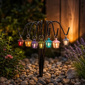 May include: A black metal stand with seven curved hooks, each holding a miniature lantern in a different color including red, yellow, purple, green, teal, pink, and grey. Each lantern features a small, glowing light inside its frame.