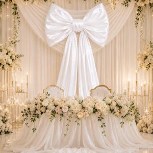 May include: A wedding sweetheart table draped in white fabric with a large satin bow centerpiece. The table is adorned with a long floral arrangement of white roses and greenery. Tall gold stands hold candles and white floral bouquets on both sides.