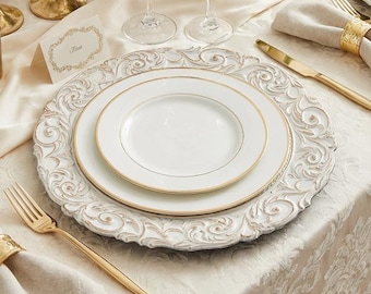 6 Acrylic Charger Plates 14" | Antique White Gold Baroque Rim | Vintage Disposable Decorative Wedding Event Plates
