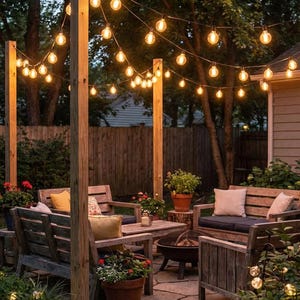 May include: Outdoor patio setting with wooden furniture, including benches and a table, illuminated by string lights. Potted plants and a fire pit add to the ambiance. The scene is set against a backdrop of trees and a wooden fence.