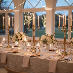 May include: A beautifully set table with gold candelabras, white flowers, and candles. The table is set for a formal event, with place settings, napkins, and glassware. The room has large windows and string lights.