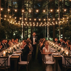 May include: Outdoor wedding reception with long wooden tables set for a formal dinner. Tables are decorated with white floral arrangements, candles, and elegant place settings. String lights illuminate the scene, creating a warm, inviting atmosphere.
