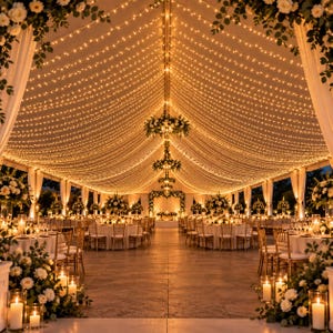 May include: A large event tent interior featuring a high ceiling draped with numerous strings of warm white fairy lights. Round tables with white tablecloths are arranged throughout the space, decorated with floral centerpieces and candles.
