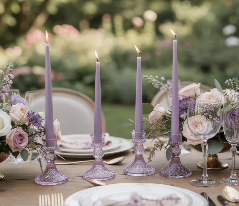 Purple home - Set of 6 Lavender Lilac Reversible Glass Crystal Candle Holders Custom Colored Glass 