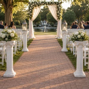 May include: A wedding ceremony aisle featuring two white fluted pedestals topped with white floral arrangements and glass lanterns. In the background, a white fabric arch adorned with flowers stands over a brick path leading to a pond.