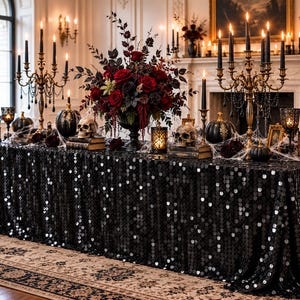 May include: A black sequin tablecloth draped over a long table, decorated with two ornate gold candelabras holding black taper candles, a central floral arrangement of red roses, two human skulls, black pumpkins, and glowing lanterns.