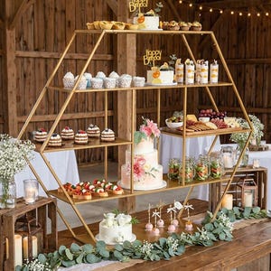 May include: A gold geometric dessert display stand with multiple tiers, holding various cakes, cupcakes, and appetizers. The display is set on a wooden table decorated with greenery and candles, creating an elegant presentation for a celebration.