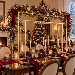 May include: A tall, rectangular gold metal centerpiece frame adorned with evergreen branches, red berries, gold and red ornaments, and large velvet bows. The frame sits on a dining table with red velvet runners, white candles, and glassware.