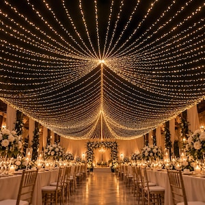 May include: A large indoor event space featuring rows of tables with white tablecloths and gold chairs, illuminated by a dense canopy of warm white string lights draped from the center ceiling to the perimeter walls, creating a glowing effect.
