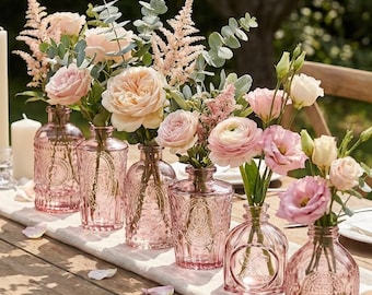 Set of 6 Dusty Rose Glass Bud Vases | Vintage Embossed Centerpieces