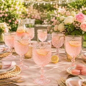 May include: A set of pink textured glass goblets filled with a light pink beverage and garnished with a lemon slice and a sprig of herbs. The glasses feature a detailed embossed pattern on the bowl and a decorative stem, arranged on a table.