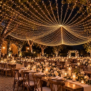 May include: An outdoor event space featuring long wooden tables covered with white tablecloths, floral centerpieces, and tall pillar candles. Above, a canopy of warm white string lights radiates from a central point, illuminating the trees.