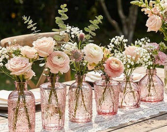 6 Dusty Rose Embossed Glass Vases | Vintage Style Bud Centerpieces